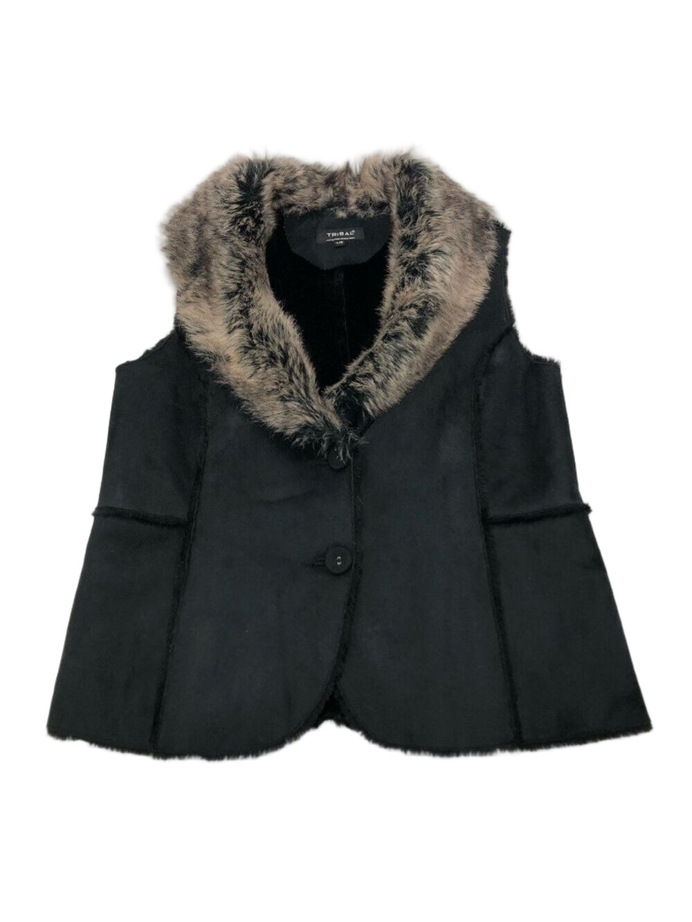 Tribal black shearling look faux fur trim vest Large